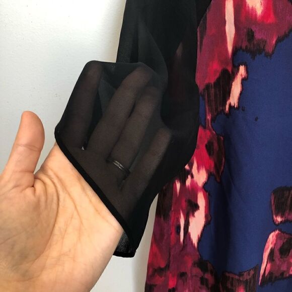 DKNYC Floral Chiffon Black Blue Red Blouse S - Picture 6 of 7